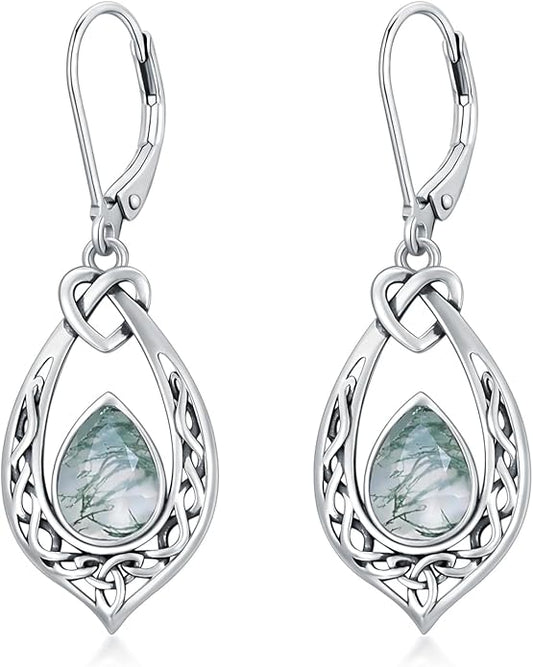 Celtic Knot Dangle Earrings 925 Sterling Silver Oxidized Vintage Drop Leverback Earrings with 8 * 6mm Simulated Birthstone Crystal Christmas Jewelry Gifts for Women (Gift Box)