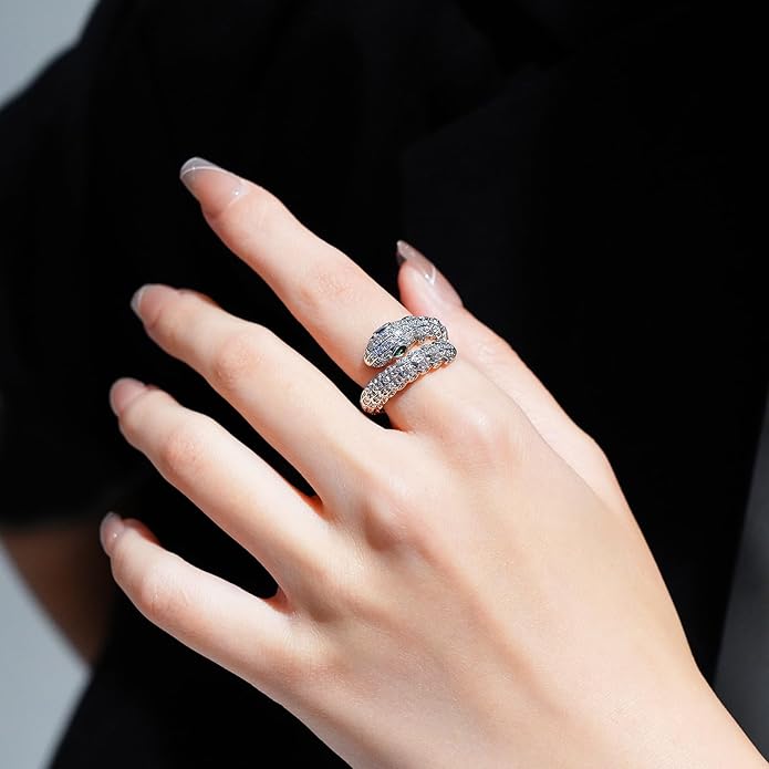 Aura & lrena Adjustable Snake Rings for Wome, 18K Gold or Platinum Plating Open-Ended Ring with AAA Cubic Zirconia Fashion Jewelry, Statement Gift Design Rings for Men and Women Non Tarnish