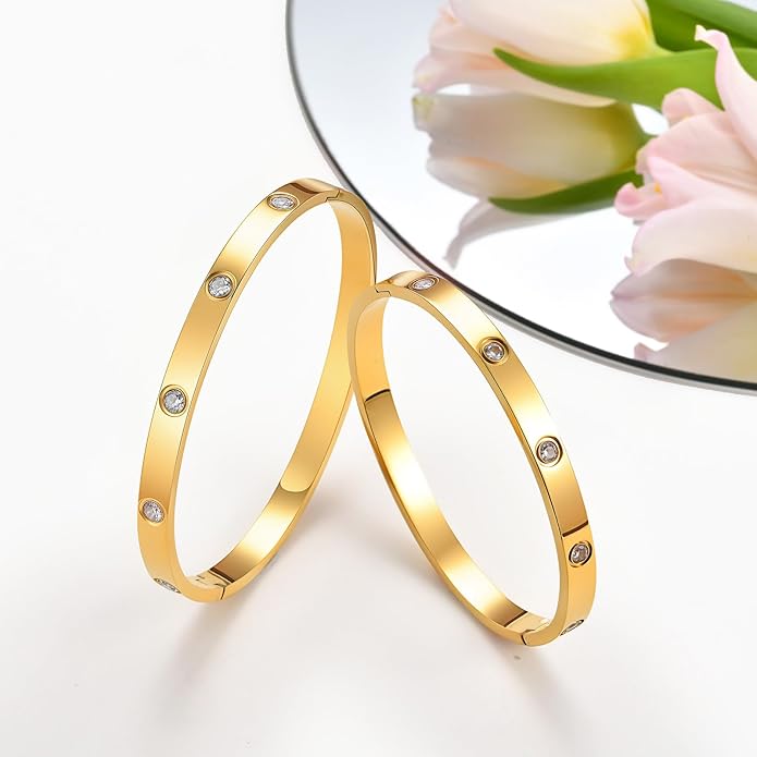 MPRAINBOW Gold Bracelets for Women, 2Pcs 18K Gold Plated Cubic Zirconia Bangle Crystal Friendship Bracelet Jewelry,Wedding Party Christmas Birthday Gifts for Her Girlfriend Sister Daughter