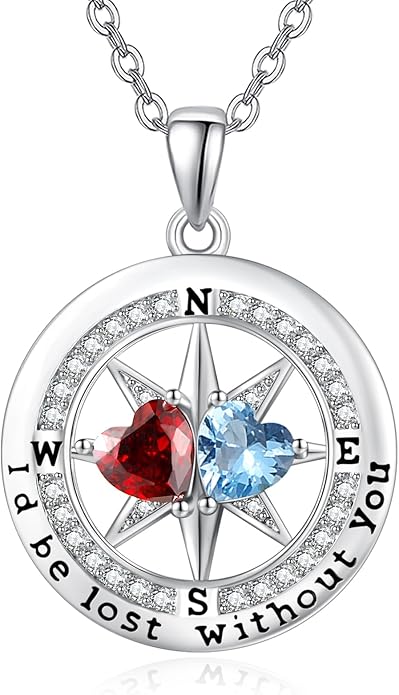 Compass Birthstones Necklace for Women, Exquisite Anniversary Birthday Gifts for Wife Her Double Birthstone Pendant jewelry ‘I'd be Lost Without You’