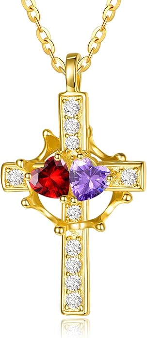 Zeuslia Double Birthstone Necklace Gifts for Wife - 925 Sterling Silver Sunflower/Rose/Crown Cross/Compass/Heart Pendant I Love You Necklace, Anniversary Birthday Gifts for Wife Girlfriend Mom Her