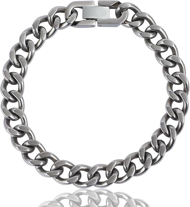 SanThree 9.5mm Solid Titanium Cuban Link Chain Bracelet for Men, Lightweight Skin-Friendly Hip Hop Bracelets for Birthday Graduation Friendship, 7"/7.5"/8",8.6"-9", Come with Gift Box