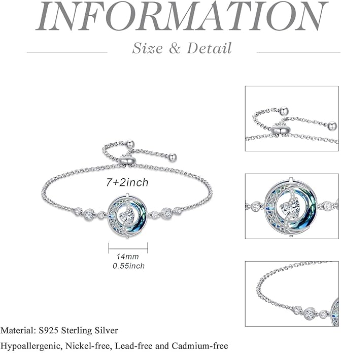 TOUPOP Birthstone Bracelet Moon and Star Bracelet 925 Sterling Silver Blue Crystal Jewelry Birthday Christmas Gifts for Women