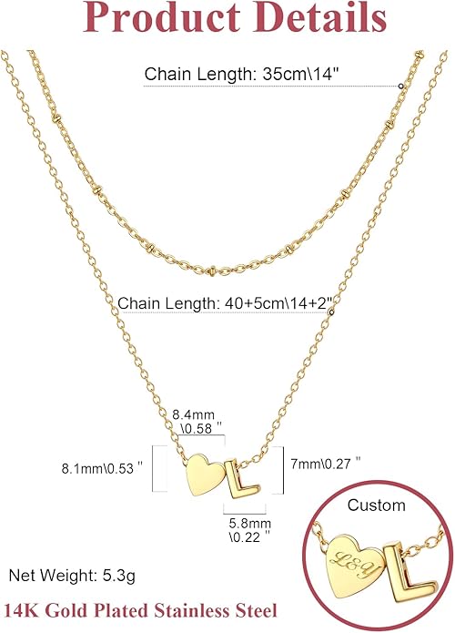 FOCALOOK Layered Initial Necklace for Women, 14K Gold Plated Choker Necklaces Stacks with Initial A-Z, Dainty Silver Heart Pendant Necklace Personalized Birthday Women Jewelry