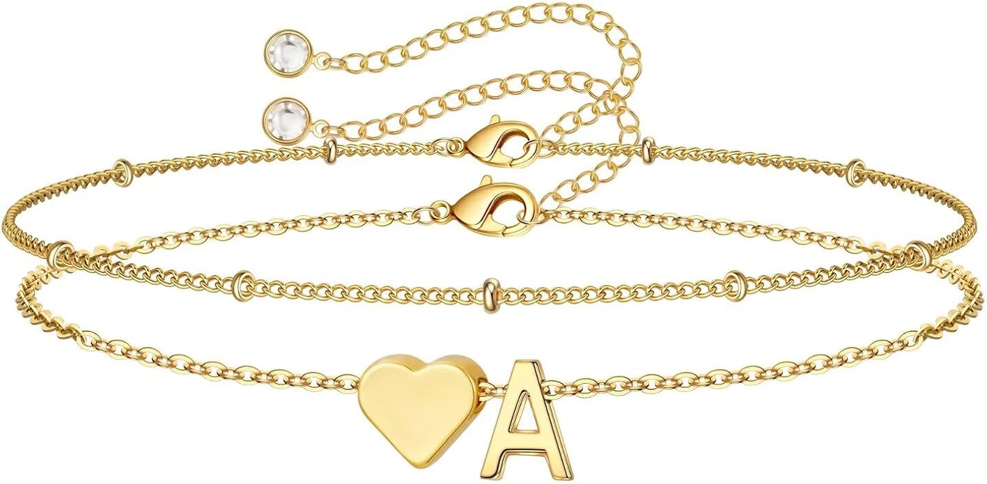 M MOOHAM Christmas Gifts for Grandkids Teens Girls -14K-Gold-Plated Heart Initial Bracelets for Women Girl Dainty Gold Bracelets Birthday Gift Stocking Stuffers for Women Teenage Girls Kids Gifts
