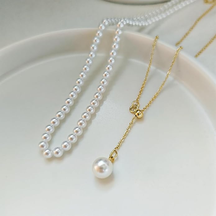 Luxval Lariat Gold Necklace for Women, Dainty Long Necklace 14k Gold Plated/Silver Y-Shaped Pendant Necklaces Trendy Beaded Chain Drop Necklaces Jewelry for Women Gifts