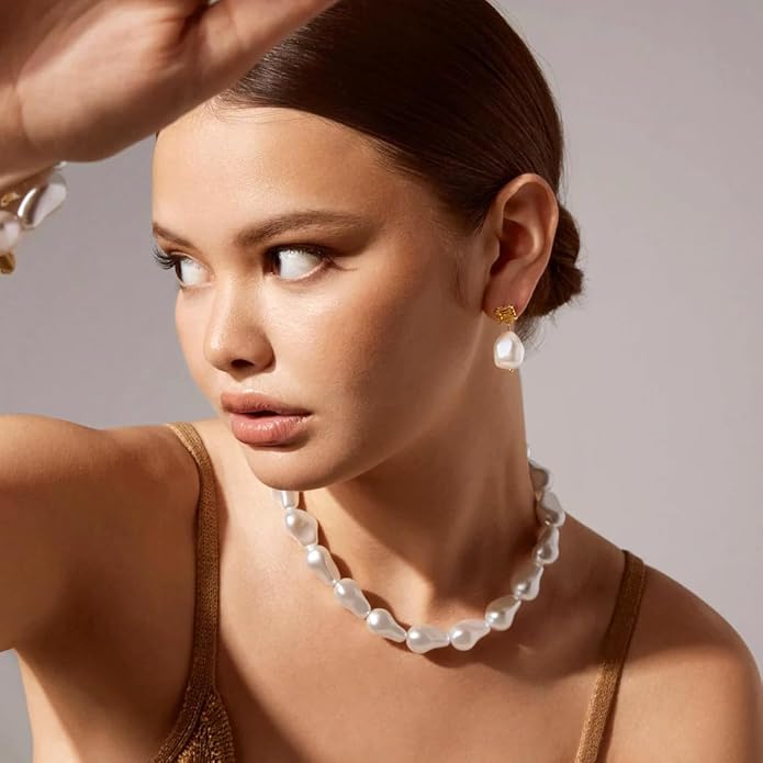 Chunky Statement Stone Beaded Necklace, Big Baroque Pearl Gold Choker, Trendy Boho Colorful Stone Jewelry