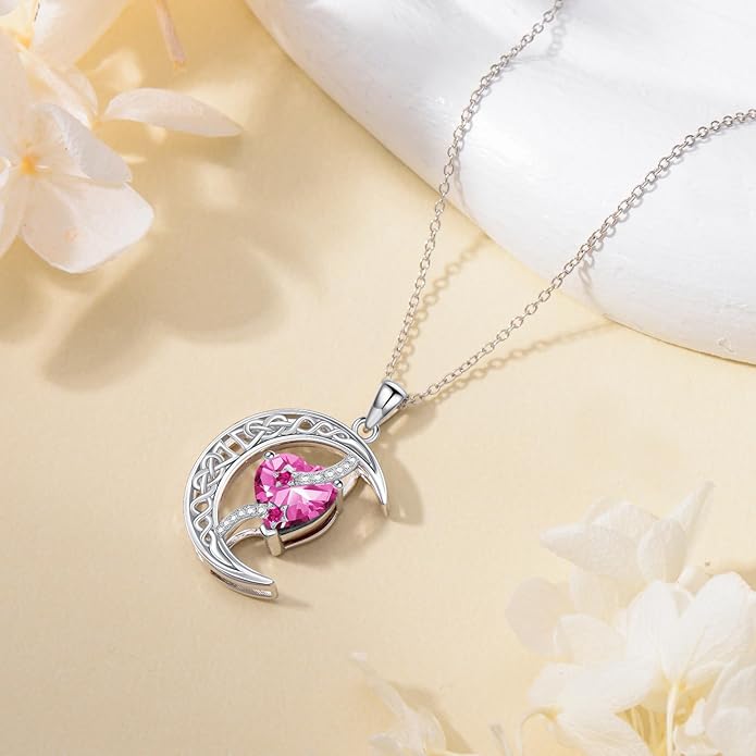 TOUPOP Moon and Star Birthstone Necklace for Women 925 Sterling Silver Celtic Moon Jewelry Birthday Christmas Gifts for Her Girlfriend