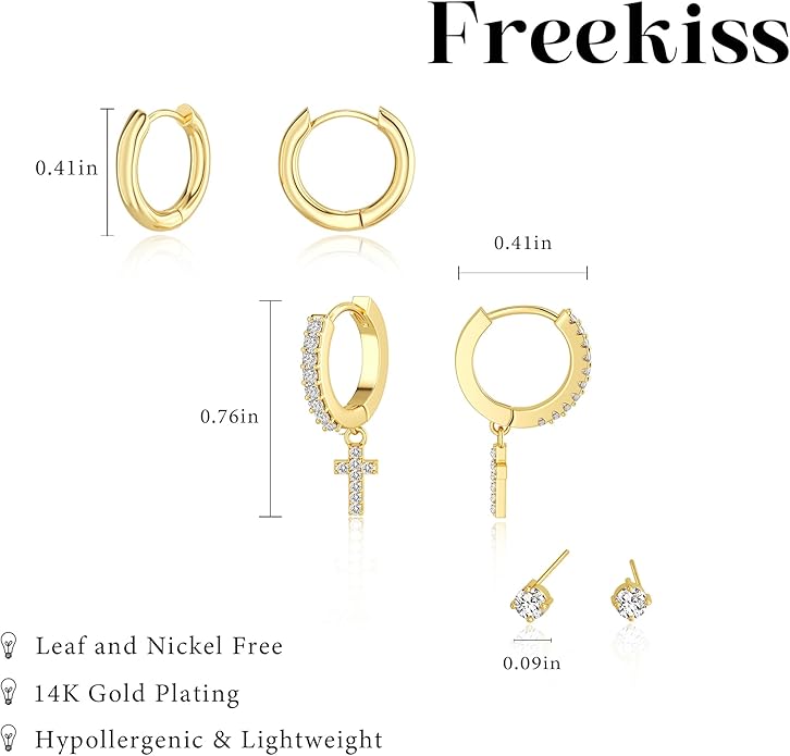Freekiss 3 Pairs Gold Hoop Earrings Set: Dainty Stud Earrings Trendy Small 14K Gold Plated Hypoallergenic Dangle Cartilage Huggie Hoop Earrings for Women Gold Jewelry for Women Gifts