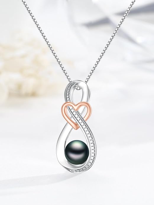 Tahitian Black Pearl Necklace Infinity Gifts for Women Wife Wedding Birthday Anniversary Jewelry Valentines Christmas Day Gifts 925 Sterling Silver