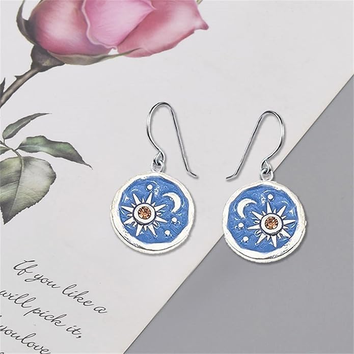 MALOYANVE Vintage Sun and Moon Drop Dangle Earrings for Women Unique lightweight Handmade Retro Boho Antiqued Gold Silver Round Coin Earrings for Women Jewelry