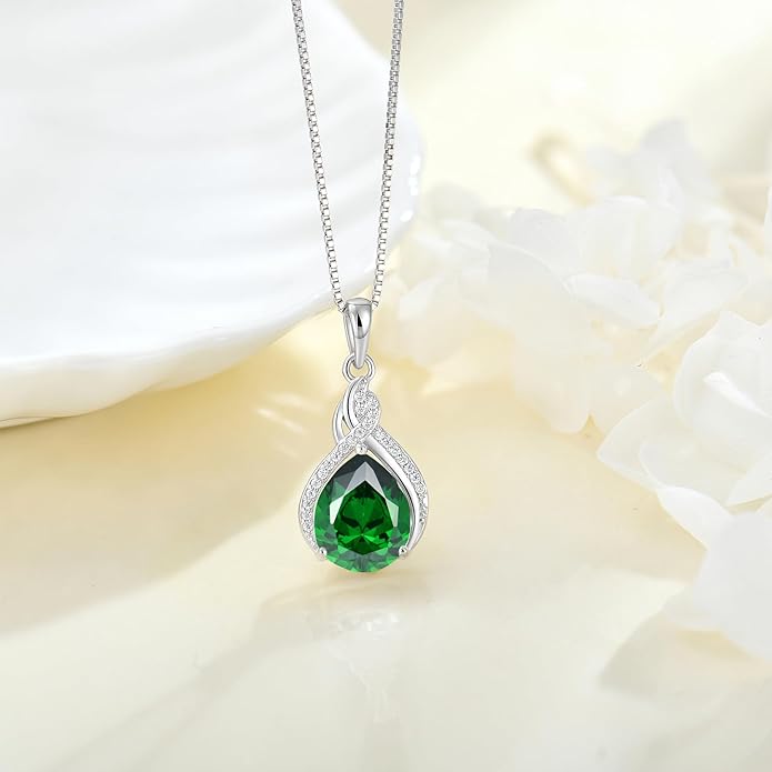 Infinity Teardrop Jewelry Set for Women Emerald Necklace & Earrings May Birthstone Jewelry
