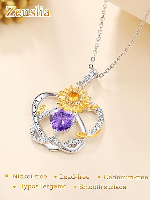 Zeuslia Double Birthstone Necklace Gifts for Wife - 925 Sterling Silver Sunflower/Rose/Crown Cross/Compass/Heart Pendant I Love You Necklace, Anniversary Birthday Gifts for Wife Girlfriend Mom Her
