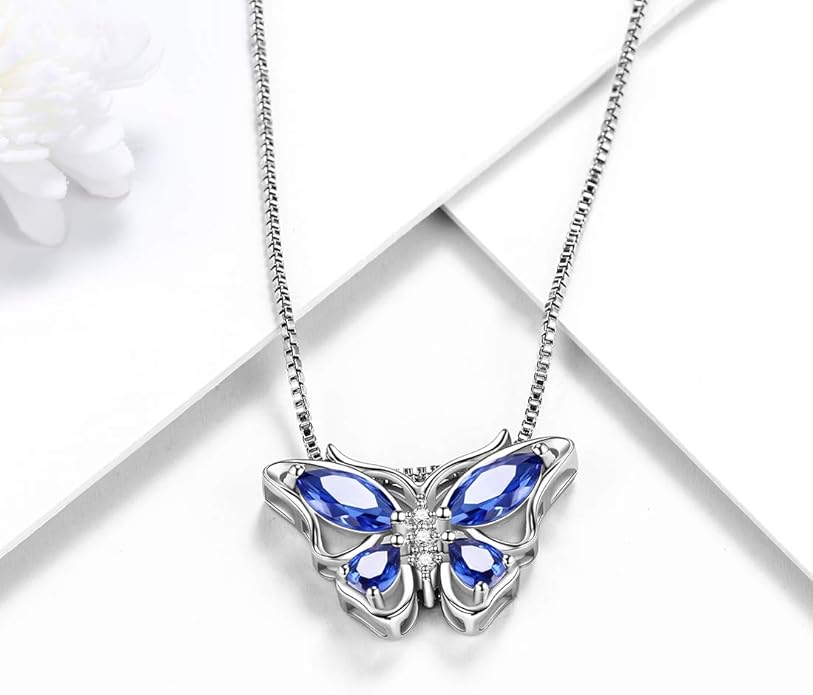 Aurora Tears Butterfly Birthstone Pendant Necklace - Women 925 Sterling Silver Butterflies Birthstone Pendant Necklace Jewelry Birthday Gift for Women