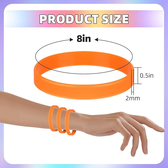 Rubber Bracelets Silicone Wristbands Unisex 50 Count, Silicone Rubber Bracelets, Stretch Wrist Band Bulk for Event-Orange