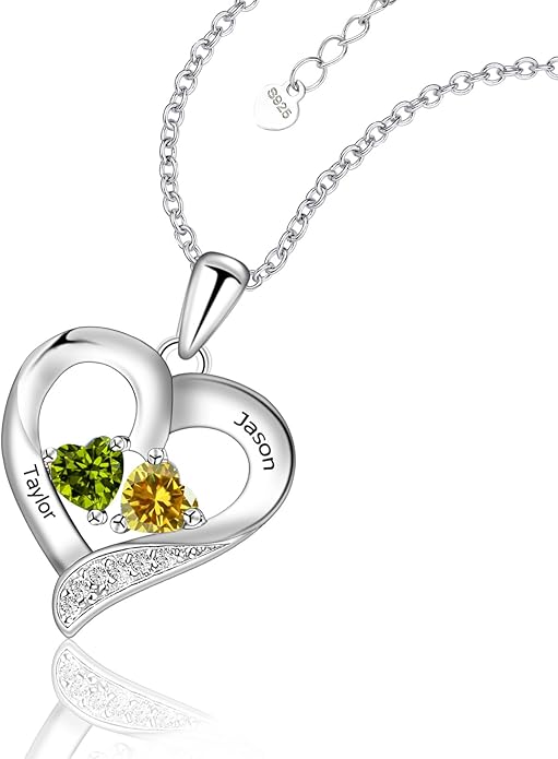 JOBFLY S925 Sterling Silver Customized 2 Birthstone Heart Necklace with 2 Name Engraved Personalized Mother Daughter Necklace Couple Jewelry Christmas Birthday Gift