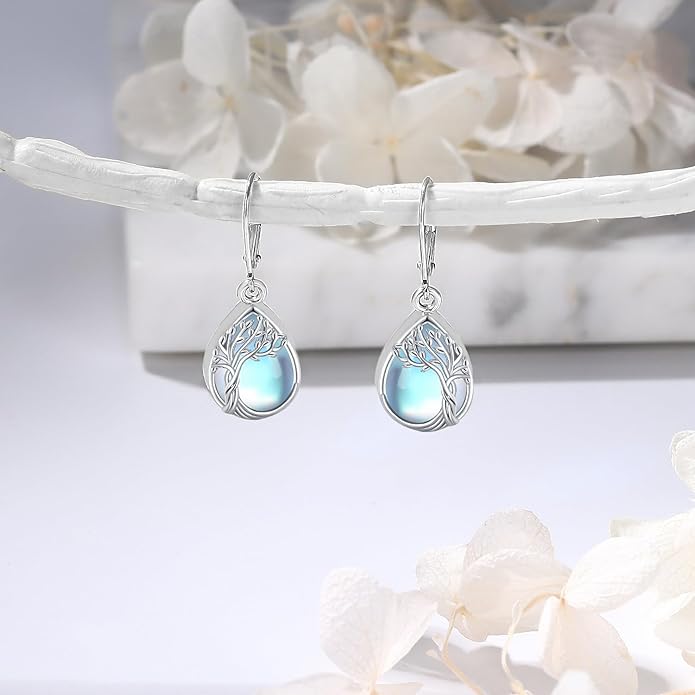 Tree of life Dangle Earrings Sterling Silver Moonstone/Turquoise/Malachite Earrings for Women Filigree Leverback Earrings Jewelry Gifts