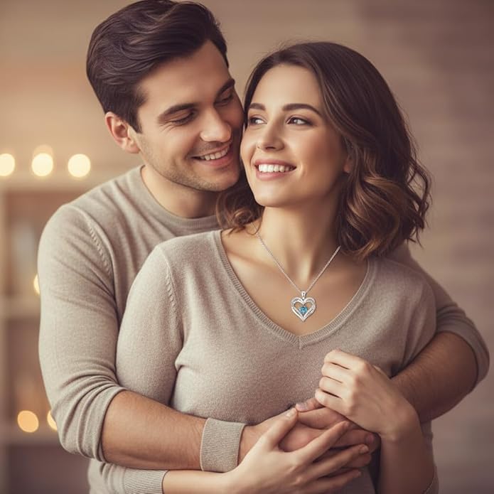 Birthstone Heart Necklace for Women Wife Girlfriend Mom Daughter Gifts S925 Silver Jewelry For Anniversary Rose Gold Gifts For Birthday Christmas Mothers Valentines Day