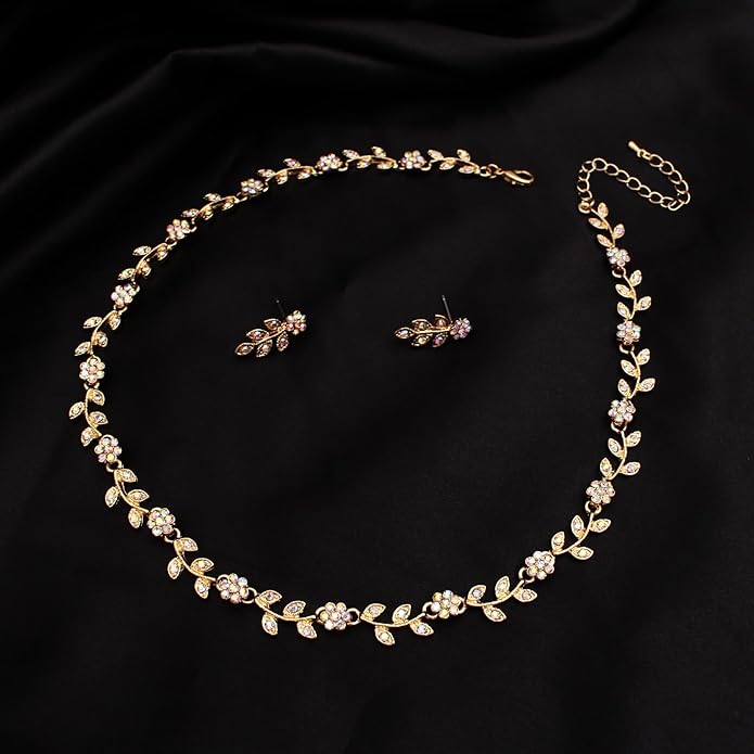 Austrian Crystal Rhinestone Choker Necklace Dangle Earring Link Bracelet Jewelry Set for Brides Bridesmaid Prom Costume Accessories for Women