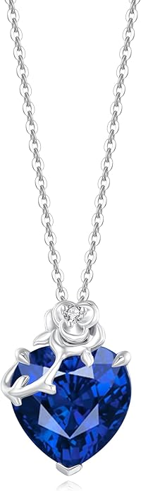 FANCIME 14K Solid White Gold Rose Pendant with Sterling Silver Chain Heart Birthstone Gemstone Fine Jewelry Christmas Gifts for Women Her