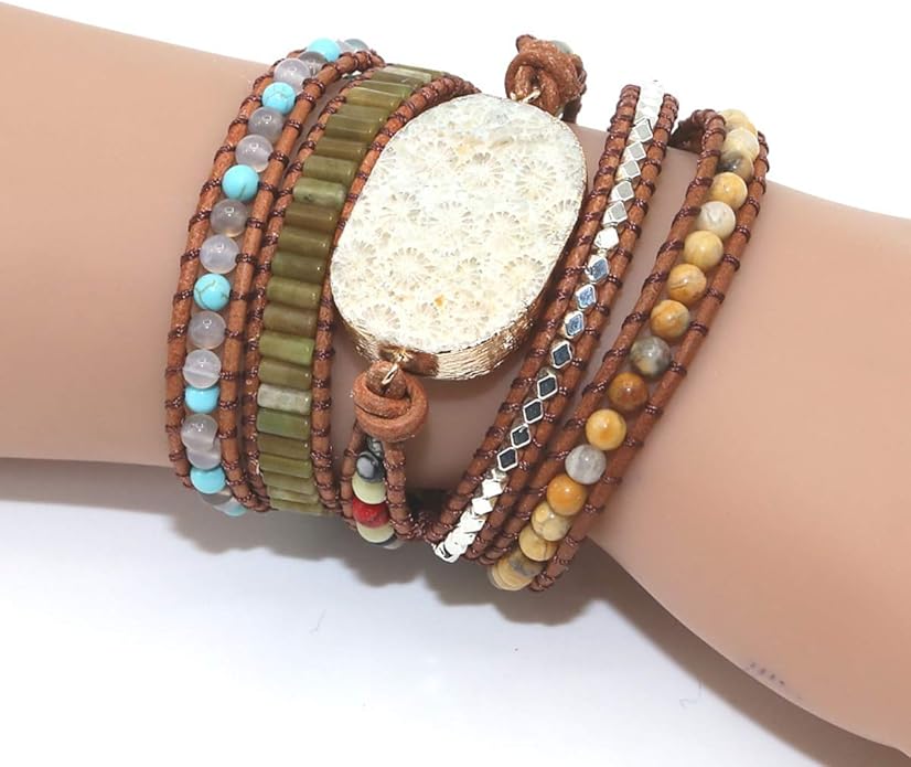ZOSOJONA Boho Handmade Natural Stone Wrap Bracelets Turquoises Crystal Beads Bracelet Jewelry