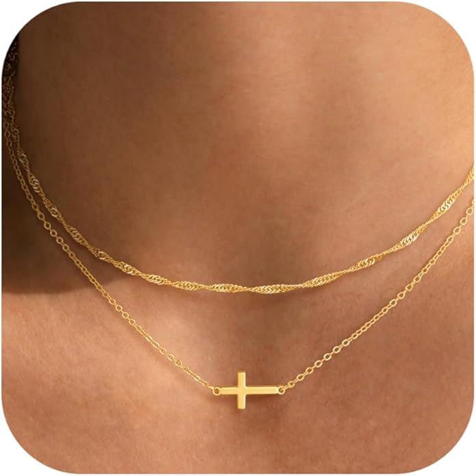 Cross Necklace for Women Dainty 14K Real Silver Gold Plated Layered Cross Pendant Necklace Stack Simple Trendy Cute Charm Choker Necklaces Jewelry Gift for Women Teen Her