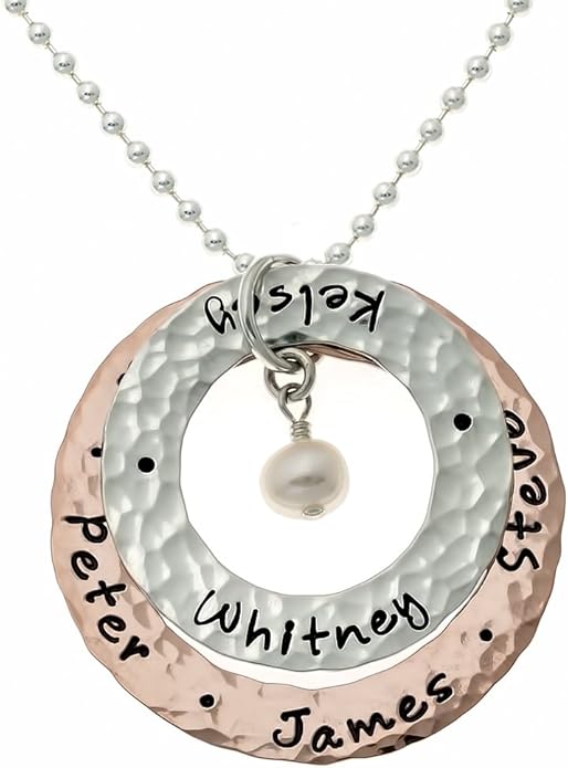 AJ's Collection Happy Family Mixed Metal Washers Necklace With Customizable Sterling Silver, 14k Gold, and Rose Gold Plated Washers. Includes Sterling Silver Cable, Box, or Ball Chain