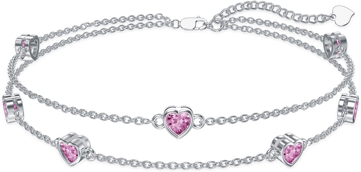 Dorunmo Heart Birthstone Anklet Bracelets for Women 925 Sterling Silver Birthday Jewelry Best Mother's Day for Women Wife