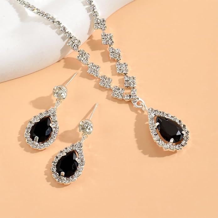 JczR.Y Rhinestone Tennis Necklace Earring Set Zircon Crystal Teardrop Pendant Necklaces Rhinestone Bridal Necklace Earrings for Women Wedding Gowns Prom Statement Jewelry Set