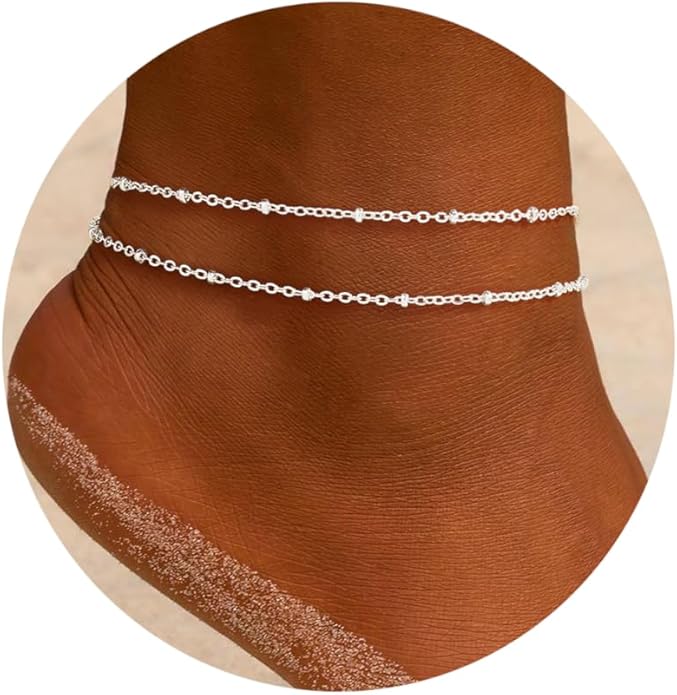 Sterling Silver Anklet Bracelets for Women Waterproof, 925 Sliver Plated CZ & Heart Charm Dainty Layer Anklets for Women Trendy, Simple Chain Anklets Set Gifts for Women, Jewelry Gifts for Her Women Mom Wife Girlfriend