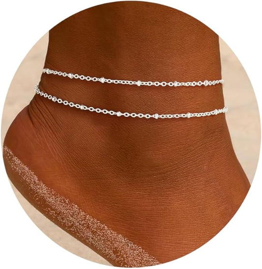 Sterling Silver Anklet Bracelets for Women Waterproof, 925 Sliver Plated CZ & Heart Charm Dainty Layer Anklets for Women Trendy, Simple Chain Anklets Set Gifts for Women, Jewelry Gifts for Her Women Mom Wife Girlfriend