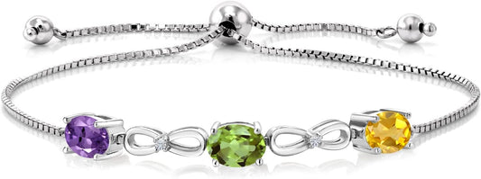 Gem Stone King 925 Sterling Silver Customized and Personalized 3 Gemstone Birthstone and White Lab Grown Diamond Tennis Infinity Bracelet For Women (2.27 Cttw, Adjustable up to 9 Inches)