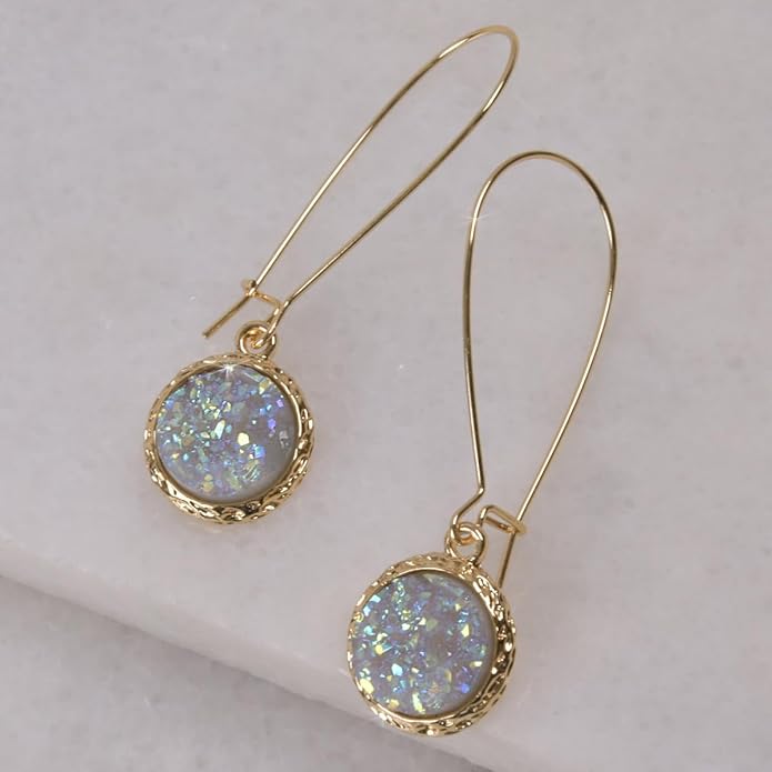 Simulated Druzy Threader Drop Earrings for Women - Gold, Silver, or Rose Gold Tone Trendy Boho Dangles with Sparkly Round Stone
