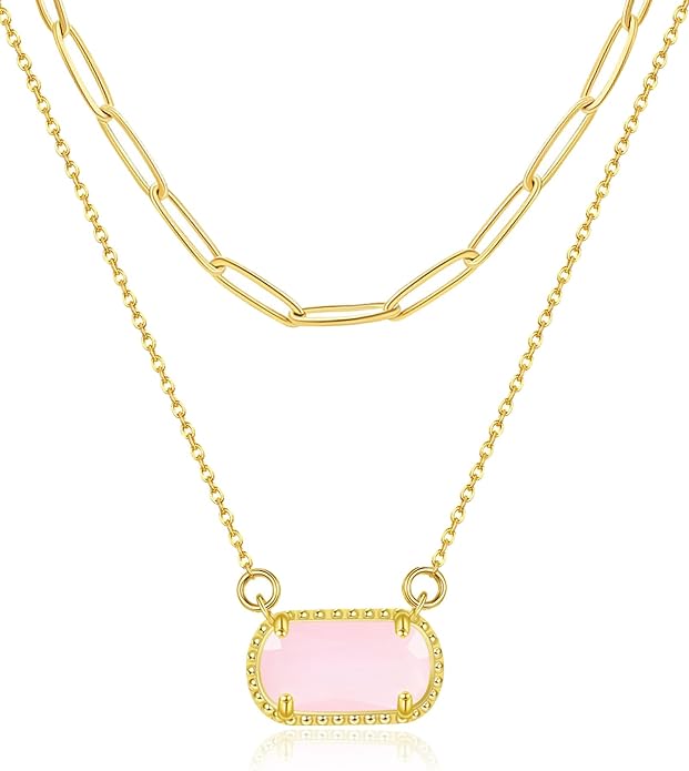 Lourny Gemstone Birthstone Pendant Layered Necklace for Women Trendy, 18K Gold Plated Paperclip Chain Preppy Choker Charm Necklace for Women Wife Jewelry