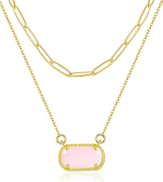 Lourny Gemstone Birthstone Pendant Layered Necklace for Women Trendy, 18K Gold Plated Paperclip Chain Preppy Choker Charm Necklace for Women Wife Jewelry