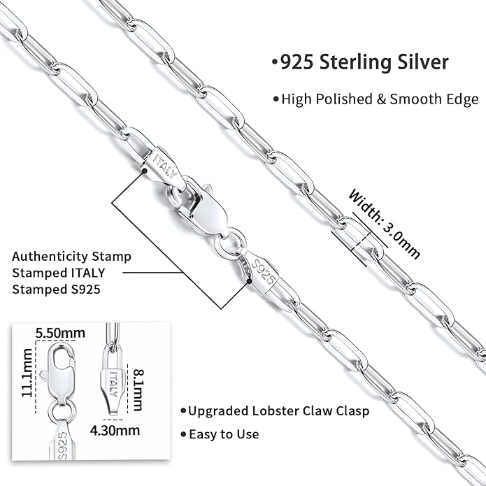 Jewlpire 14K Gold Plated 925 Sterling Silver Paperclip Chain Necklace for Women, 2.5mm 3mm Necklace for Women, Comfortable Women's Chain Necklaces 16 18 20 22 24 26 Inch