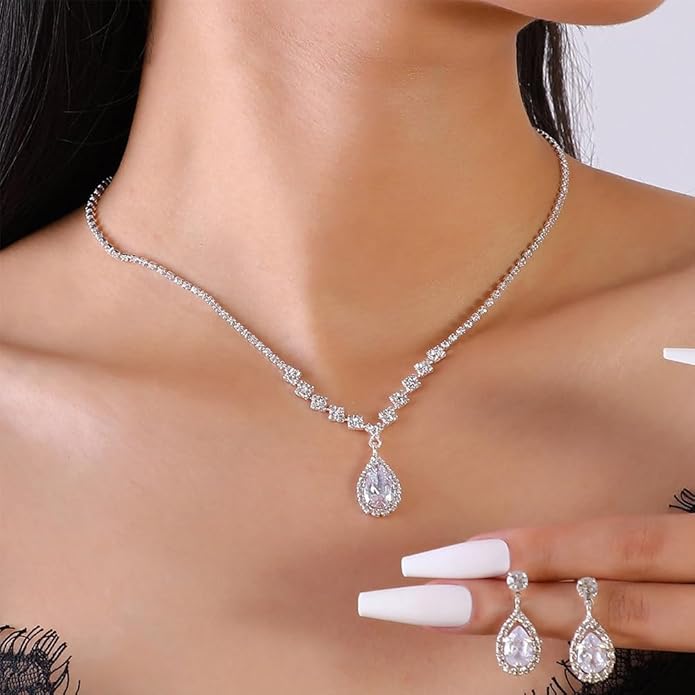 JczR.Y Rhinestone Tennis Necklace Earring Set Zircon Crystal Teardrop Pendant Necklaces Rhinestone Bridal Necklace Earrings for Women Wedding Gowns Prom Statement Jewelry Set