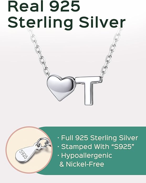 ChicSilver 925 Sterling Silver Heart Initial Necklaces for Women -Dainty Personalized Heart Pendant Letter Alphabet Necklace for Women