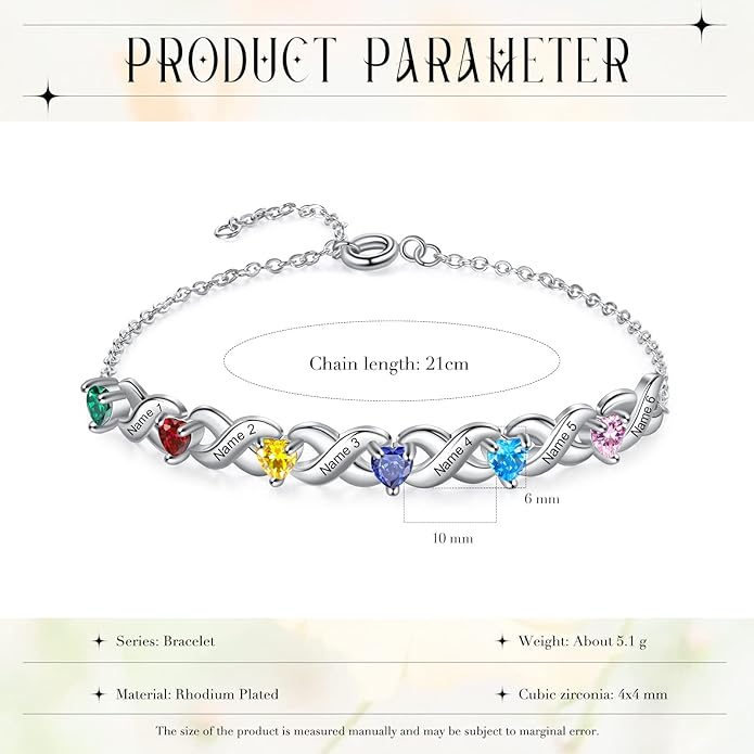 Personalized Custom Name Heart Bracelet with 1-6 Birthstone Bracelets for Women Engraved Family Names Link Bracelets for Mother's Day Mom Daughter