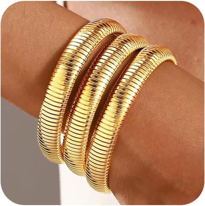 UILZ 3-Pack Gold Bangles Bracelet for Women - 24K Real Gold Plated Stainless Steel Chunky Stretch Bangles Stackable Wide Bracelet Jewelry for Everyday & Special Occasions Pulseras Para Mujer