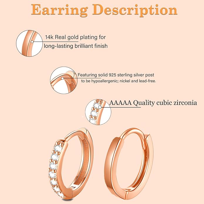 Cocadant 6 Pairs 925 Sterling Silver Small Hoop Earrings for Women,14k Real Gold Hypoallergenic Tiny Cubic Zirconia Cartilage Huggie Earring Sets for Multiple Piercing Trendy Jewelry 8/10/12mm