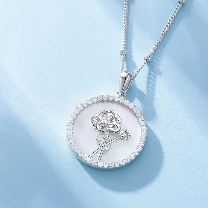 AGVANA Valentines Day Gifts Sterling Silver Birth Flower Necklace for Women Genuine Mother of Pearl CZ Round Disc Pendant Necklace Fine Jewelry Anniversary Birthday Gifts for Women Wife Mom Her