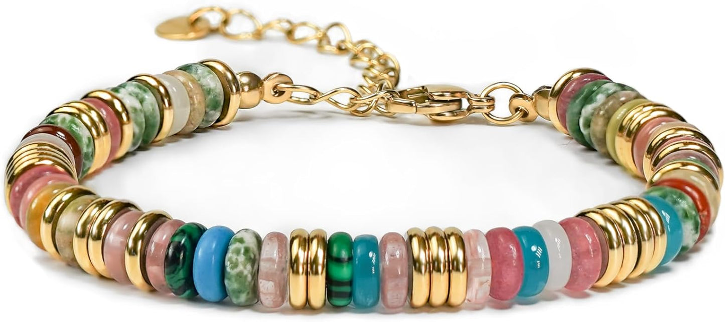 Colorful 18K Gold Plated Bracelets for Women, Stack Bangle Beaded Stone Jewelry Accessories Set for Woman, Trendy Fashion Jewelry Gifts