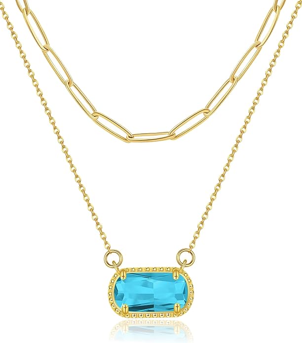 Lourny Gemstone Birthstone Pendant Layered Necklace for Women Trendy, 18K Gold Plated Paperclip Chain Preppy Choker Charm Necklace for Women Wife Jewelry