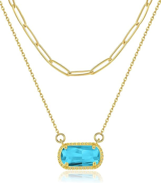 Lourny Gemstone Birthstone Pendant Layered Necklace for Women Trendy, 18K Gold Plated Paperclip Chain Preppy Choker Charm Necklace for Women Wife Jewelry