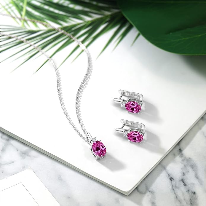 Gemstone Birthstone and White Created Sapphire Pendant and Earrings Jewelry Set for Women in 925 Sterling Silver | Oval 8X6MM and Round 2.5MM | With 18 Inch Chain | Fine Jewelry for Her Mom Women Wife