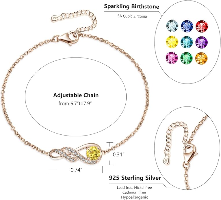 Birthstone Bracelets for Women 925 Sterling Silver Created Gemstone Bracelet Infinity Pendant Jewelry for Her, 6.7"+1.2"