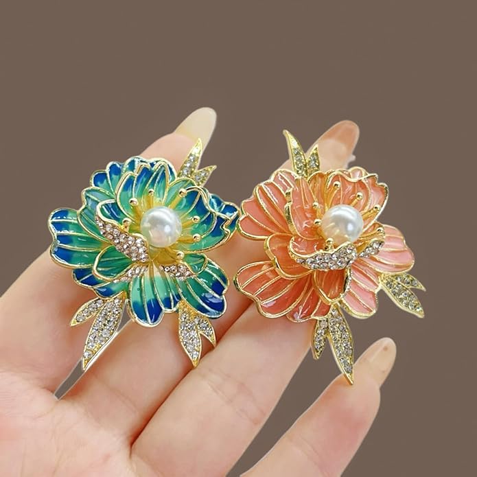 3Pcs Peony Flower Brooch Pin for Women Elegant Enamel Floral Brooch Set Dainty Cubic Zircon Pearl Lapel Pins Flower Pins for Clothes Hat Dress Accessories Prom Jewelry