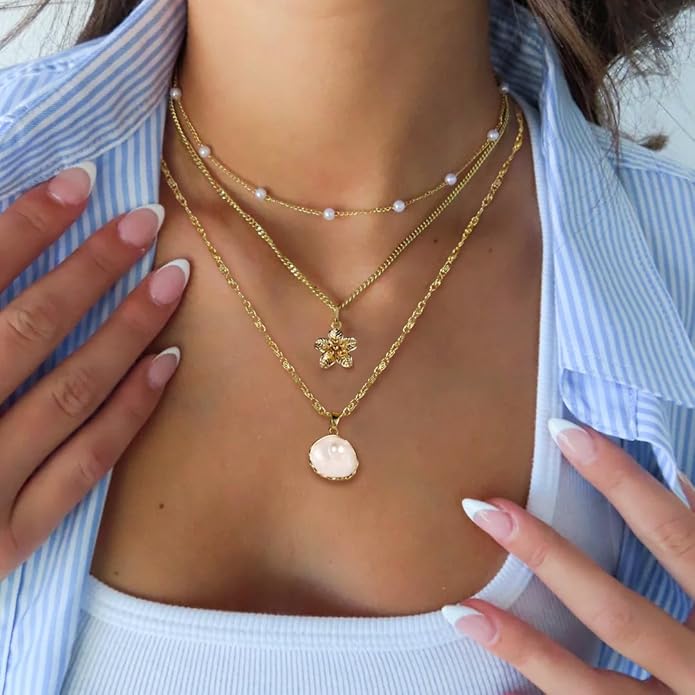 Charm Necklaces for Women,14k Gold Plated Waterproof Dainty Choker Necklace Summer Seashell Pearl Beach Cute Necklaces Set Fashion Jewelry Gift