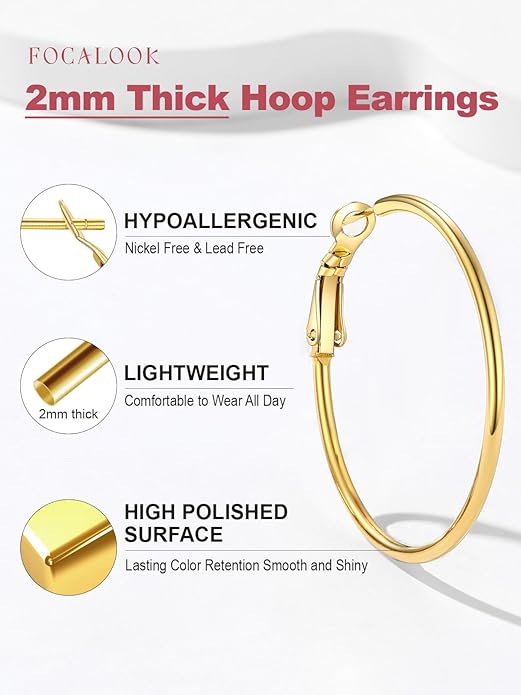 FOCALOOK 14K Gold Plated Lightweight Large Hoops| 2mm Thin Hoop Earrings for Women 30/40/50/70/100mm